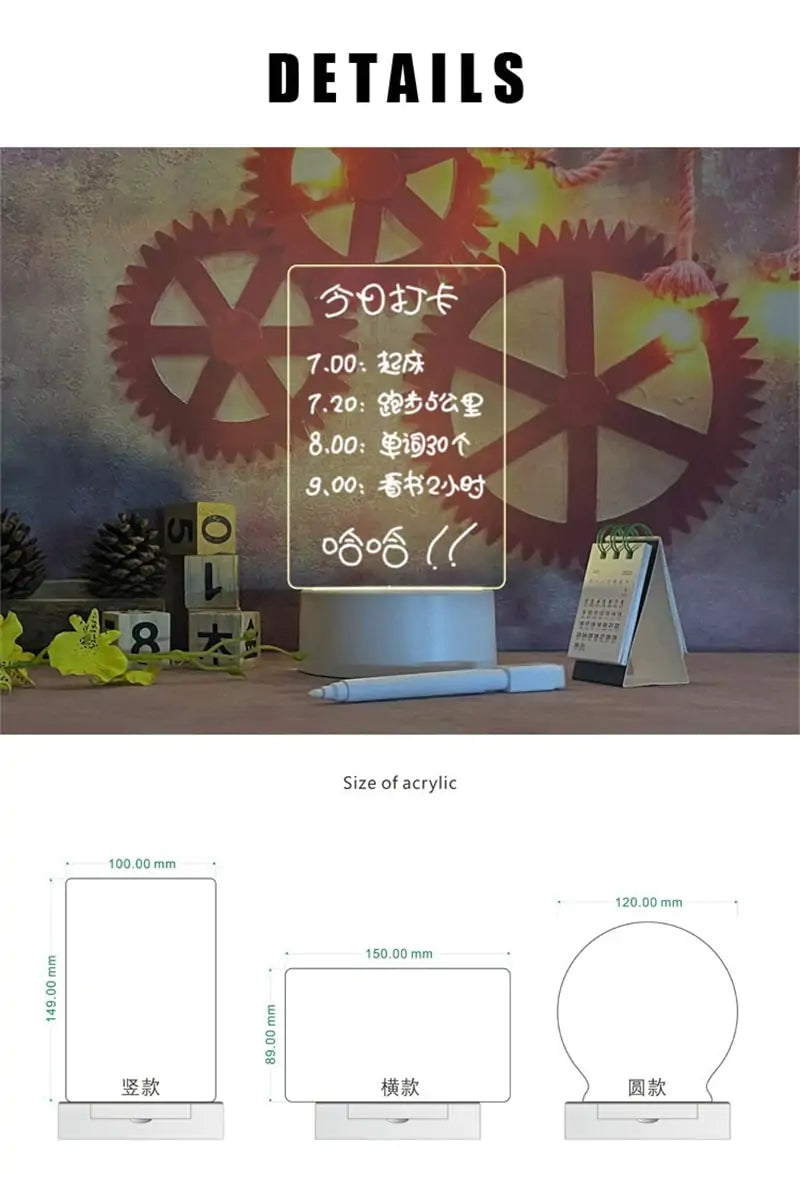 Tablero de notas con luz LED acrílica