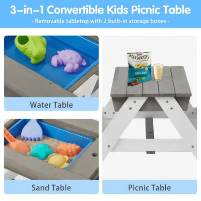 3-in-1 Outdoor Wooden Picnic Table For Kids With Umbrella