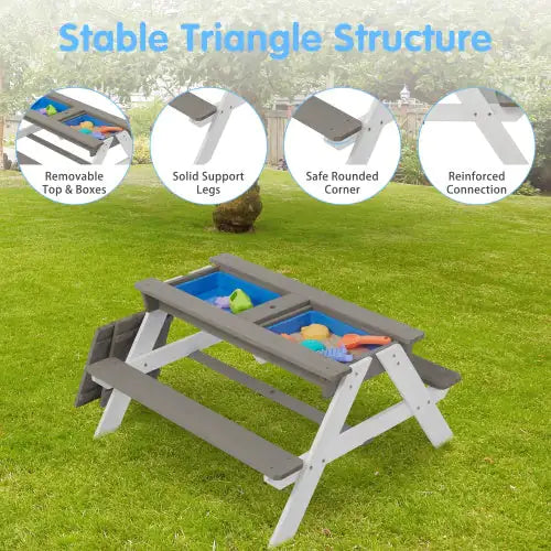 3-in-1 Outdoor Wooden Picnic Table For Kids With Umbrella